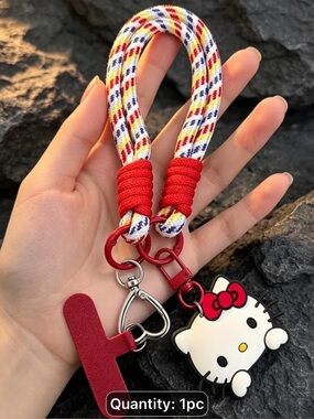 Hello Kitty Cell Phone Laynard Braided Rope Wrist Strap with Red Hardware